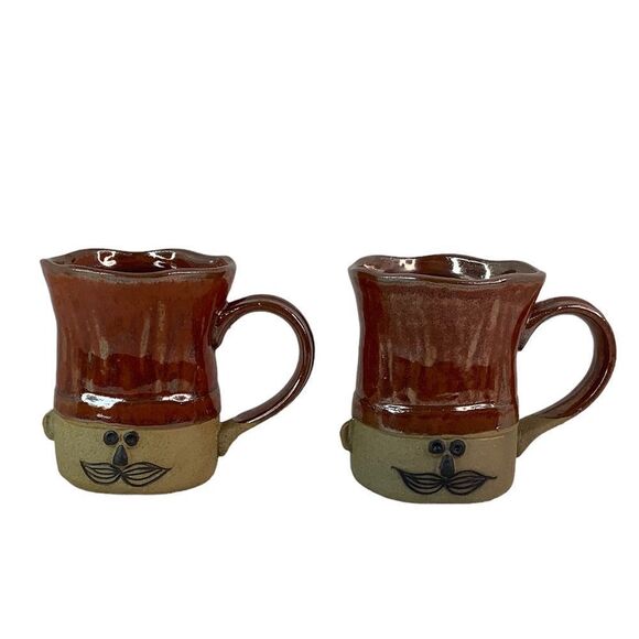 Takahashi Le Chef Pottery Chefs Hat Mug Hand Painted Stoneware Set of Two Brown - Picture 1 of 11